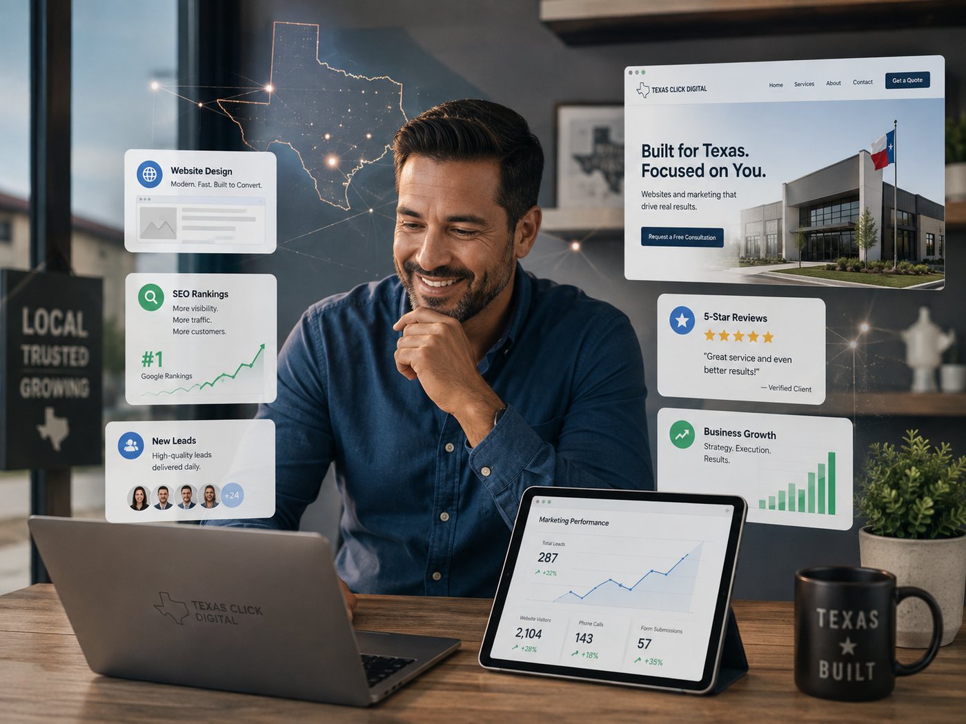 Texas Click Digital results dashboard showing website design, SEO rankings, new leads, and business growth for a North Texas client